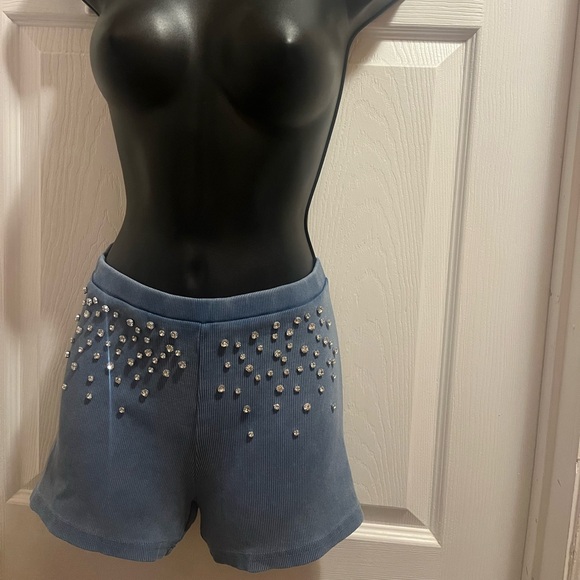 H & M blingy blue rhinestone mini shorts. Stretchy & Comfy. - Picture 2 of 4